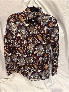 Express Brown Floral Button-Down Shirt with Blue & Cream Accents